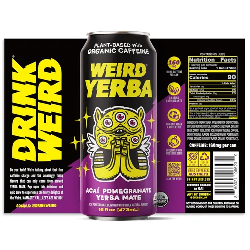 Vista 8 de Bebe Weird Organic Acai Pomegranate Yerba Mate – Latas de 16 onzas, 160 mg de cafeína orgánica, paquete de 12 – Alternativa a bebidas energéticas