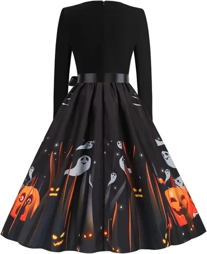 Vista 4 de Vestido de Halloween para mujer 2022 casual estampado con cuello en V con cremallera manga larga con panel de columpio