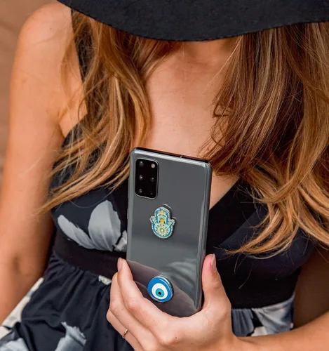 Vista 2 de Pegatinas de metal para fundas de celular. Blue Evil Eye y Hamsa. Juego de 2. Reutilizables y extraíbles. No deja residuos. Símbolos espirituales