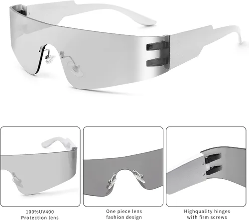 Vista 5 de LIUWEN Gafas de sol Cyberpunk Y2K sin montura futuristas envolventes para mujeres y hombres, moda escudo plano