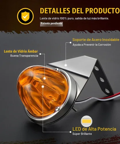 Vista 3 de Partsam 2 piezas de luces de sandía con lente de vidrio ámbar y soporte de acero inoxidable, [Patentado] luces intermitentes LED ámbar para espejo