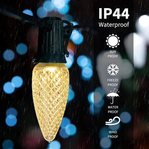 Vista 5 de Brightown Guirnalda de luces de Navidad C9, luces LED de Navidad para exteriores con 100 bombillas C9 de fresa, impermeables, extensibles, C9 Blanco