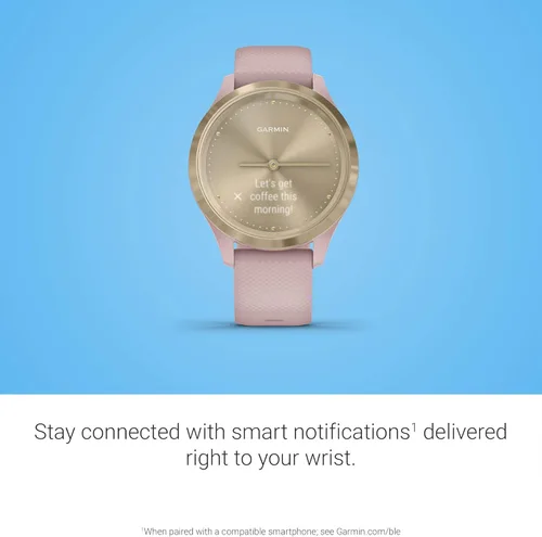 Vista 3 de Garmin Vivomove 3S, reloj inteligente híbrido de tamaño más pequeño con manecillas de reloj reales y pantalla táctil oculta, color dorado claro