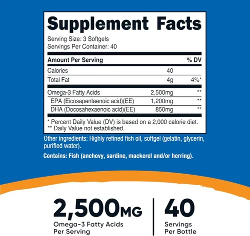 Vista 2 de Nutricost Aceite de Pescado Omega 3 - 2500 mg, 120 cápsulas blandas (40 porciones) - Aceite de pescado, capturado en la naturaleza! 1200 mg EPA 850