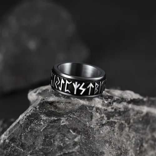 Vista 9 de FaithHeart Anillo giratorio nórdico vikingo con runas de acero inoxidable chapado en oro para hombres y mujeres, puede grabar personalizado