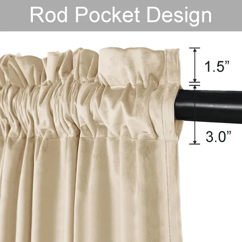 Vista 2 de JIUZHEN Cortinas de terciopelo beige de 63 pulgadas de ancho x 63 pulgadas de largo, cortinas de terciopelo retro suaves con bolsillo para barra