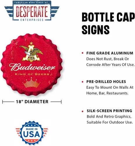 Vista 2 de Desperate Enterprises Anheuser Budweiser - Tapa de botella con forma estampada, letrero de aluminio premium, fabricado en Estados Unidos, redondo