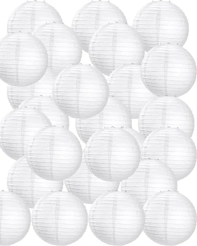 Vista 7 de Treela Faroles de papel japoneses chinos blancos decorativos colgantes redondos de papel para decoración de bodas, fiestas de cumpleaños