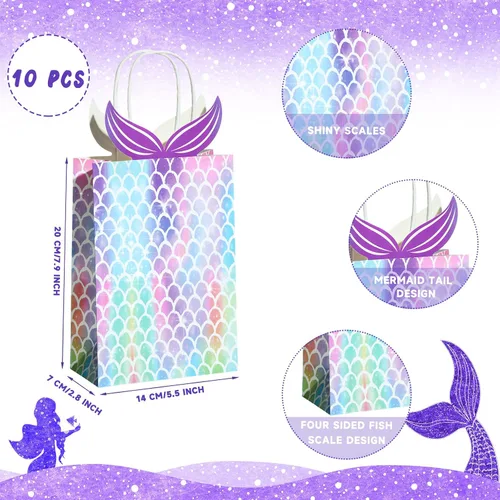 Vista 2 de Chinco 10 bolsas de regalo de sirena, regalos de fiesta, bolsas de dulces con asa, suministros de fiesta de sirena para niñas, cumpleaños, baby
