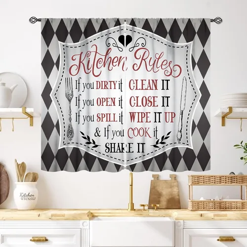 Vista 35 de Cortinas de cocina rústicas, color negro y blanco, tablón de madera con cuchillo y cuchara para barra, bolsillo para barra, tratamiento de ventana