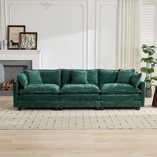 Vista 193 de Sofá seccional modular verde de 111.5", sofás seccionales grandes de 3 plazas para sala de estar, sofá nube oversized de tela chenille con otomana