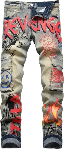 Vista 30 de Baylvn - Pantalones de mezclilla para hombre con diseño patchwork, ajustados y cómodos, estilo motociclista 3132 Camuflaje y azul