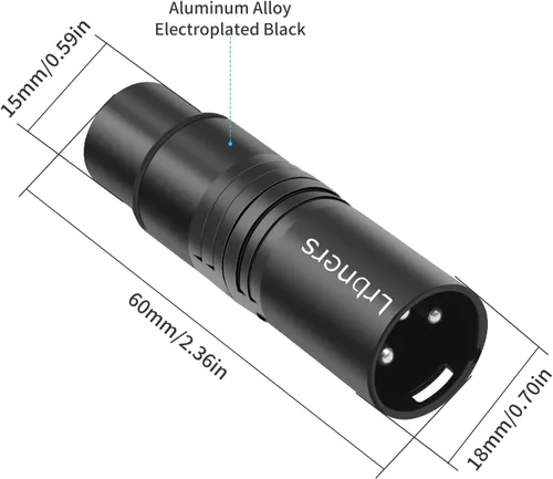 Vista 2 de Adaptador de audio XLR macho a hembra, conector de acoplamiento de bloqueo seguro de carcasa negra, transmisión de señal sin pérdida de 3 pines