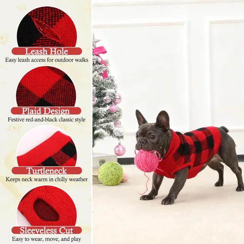 Vista 3 de QBLEEV Suéter navideño clásico a cuadros para perro, suéter elástico cálido con agujero para correa, suéteres de Navidad de cuello alto