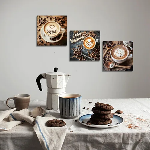 Vista 4 de XLMDYYSW Arte de pared de café, vintage, café marrón y negro, impresiones en lienzo de cocina, granos de café y pintura de café para comedor, bar