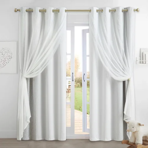Vista 26 de Cortinas 100% opacas con superposición de gasa Mix and Match de doble capa, 54 pulgadas de largo, 2 paneles para dormitorio y sala de estar, azul