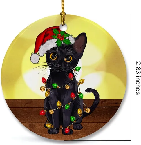 Vista 2 de Bonito adorno de cerámica de gato negro, divertidas decoraciones de Navidad para árbol, adorno colgante de Navidad para amantes de los gatos
