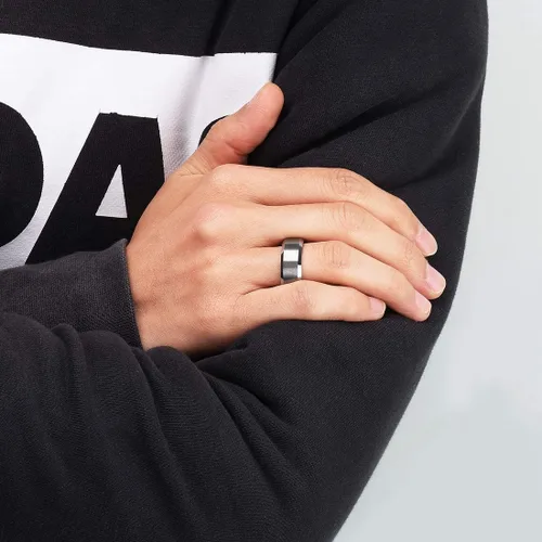 Vista 5 de King Will - Anillo básico unisex de carburo de tungsteno con acabado mate y pulido, para boda o compromiso, borde biselado, colores plateado, negro