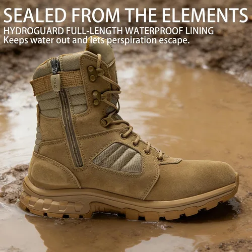 Vista 6 de ROCKROOSTER Burano Botas tácticas militares para hombre, 8 pulgadas, gamuza coyote y nailon, cremallera lateral YKK para poner y quitar fácilmente