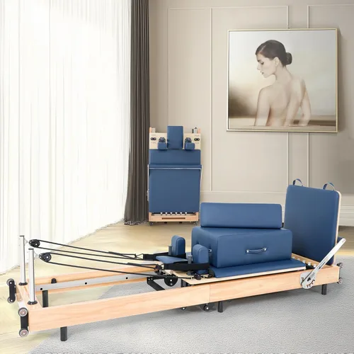 Vista 7 de Foldable Oak Wood Pilates Reformer Machine for Home and Studio Training Azul real