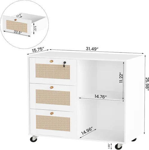 Vista 2 de AWQM Archivador de madera con cerradura, gabinete de almacenamiento de oficina móvil de 3 cajones con 2 estantes abiertos, soporte de impresora