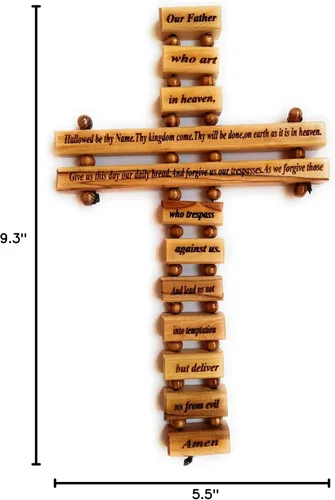 Vista 6 de Cruz grande de madera de olivo para decoración de pared (9 pulgadas) con oración del Señor (Oración de nuestro padre) en inglés de Belén Tierra Santa