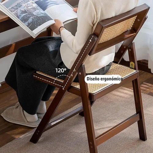 Vista 5 de KISKIS Sillas plegables de ratán de madera, portátil, ahorro de espacio, silla de comedor para balcón, sala de estar, con asiento elástico de malla