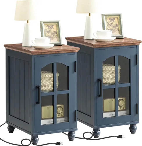 Vista 18 de Mesa auxiliar estrecha, mesita de noche estilo granja con estación de carga, mesa auxiliar de madera con puerta de granero de vidrio y Azul