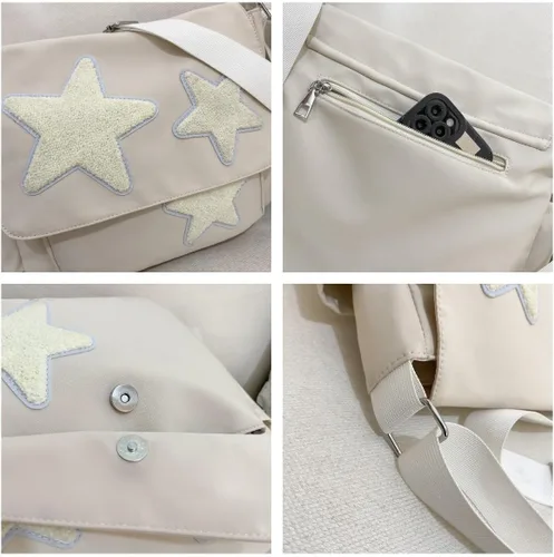 Vista 4 de YILCER Bonita bolsa de mensajero Y2K Star Crossbody Bolsa grande de lona Kawaii con bolsillos laterales para mujeres, adolescentes y niñas