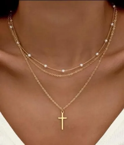 Vista 3 de VIROMY - Delicado collar de oro para mujer, chapado en oro de 14 quilates, collar de satélite de triple capa, collar de clip con cadena