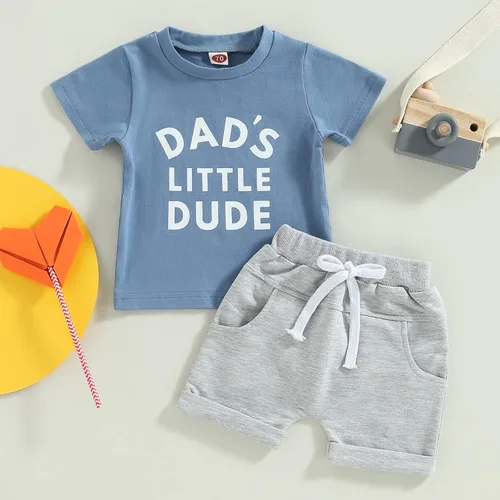 Vista 11 de Conjunto de traje de verano para bebé niño pequeño, manga corta, cuello redondo, letras impresas, lindo traje de verano, conjunto de 2 piezas