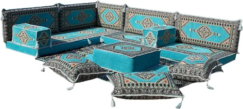 Vista 91 de arabicsofa Juego de asientos Jalsa en forma de L – Majlis árabe hecho a mano con almohadas de respaldo
