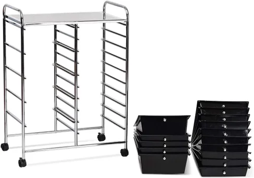 Vista 13 de Carrito de almacenamiento rodante de 15 cajones, carrito de utilidad móvil con ruedas con candado, cajones, carrito organizador multiusos para Negro