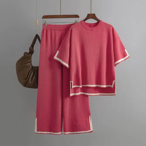 Vista 4 de Hugncmy Conjunto de 2 piezas para mujer, de manga corta, holgado, de algodón, lino, pantalones casuales, de dos piezas