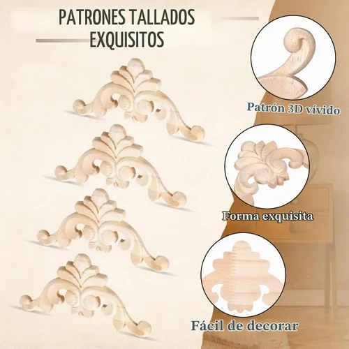 Vista 5 de 20 piezas de apliques de madera, adornos de madera tallada en esquina, apliques de madera decorativos DIY, apliques de madera tallada en esquina sin
