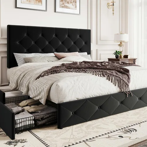 Vista 20 de SHA CERLIN Base de cama de plataforma tamaño matrimonial tapizada con 4 cajones de almacenamiento, cabecero ajustable con diseño cosido en cuadrados
