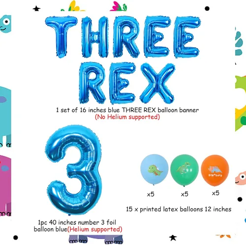 Vista 3 de Decoraciones de cumpleaños de dinosaurios 3D para niños, globo de aluminio azul con el número 3, pancarta de globos Rex 3 para fiesta de cumpleaños