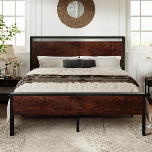 Vista 11 de Base de cama Allewie de tamaño individual con cabecero y pie de cama de madera, soporte de listones de metal resistentes, no requiere somier
