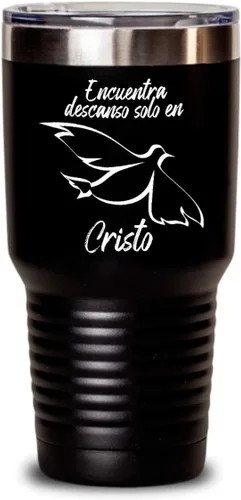 Vista 3 de Regalos católica cristianas vaso en español con versículos de la biblia para padres encuentra descanso Negro