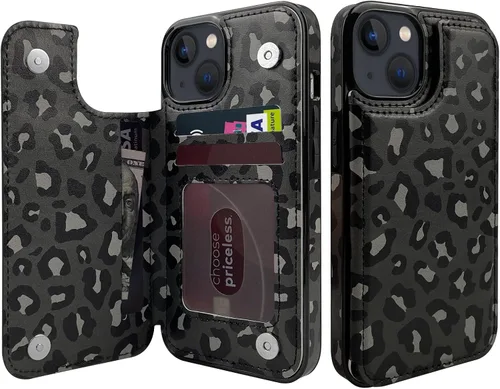 Vista 16 de Funda tipo cartera para iPhone 13 y 14 con soporte para tarjetas, funda trasera de piel sintética, con ranuras para tarjetas, doble cierre