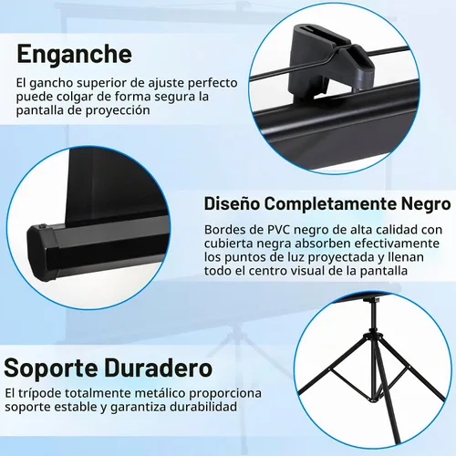 Vista 6 de Pantalla de proyector portátil 16:9 HD de 84 pulgadas con soporte, pantalla de trípode extraíble manual sin arrugas con bolsa de transporte