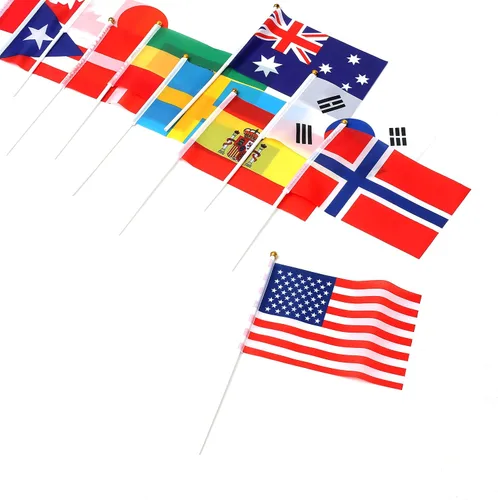 Vista 3 de Bandera de 200 países, banderas deportivas de palillo de país, parte superior redonda de mano pequeña en palo, bandera de países del mundo en cada