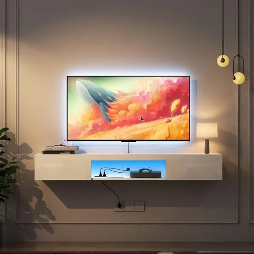 Vista 11 de Soporte flotante para TV montado en la pared con 20 LED de color, soporte de TV moderno de 63 pulgadas, gabinete de TV flotante centro