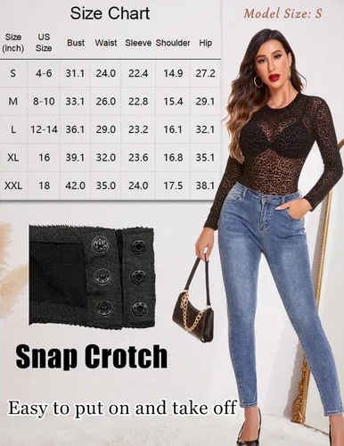Vista 6 de Avidlove Body de malla de manga larga para mujer, con cuello redondo, con estampado geográfico, con entrepierna a presión