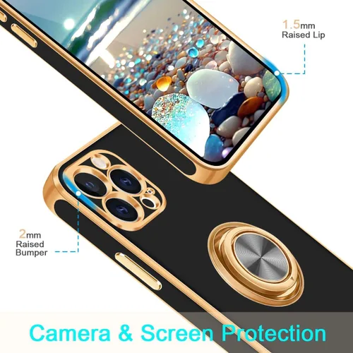 Vista 2 de Fingic - Funda para iPhone 13 Pro Max con soporte giratorio de 360° Shiny Gold Edge Slim Soft TPU Shockproof Protective Phone Case for Women Men