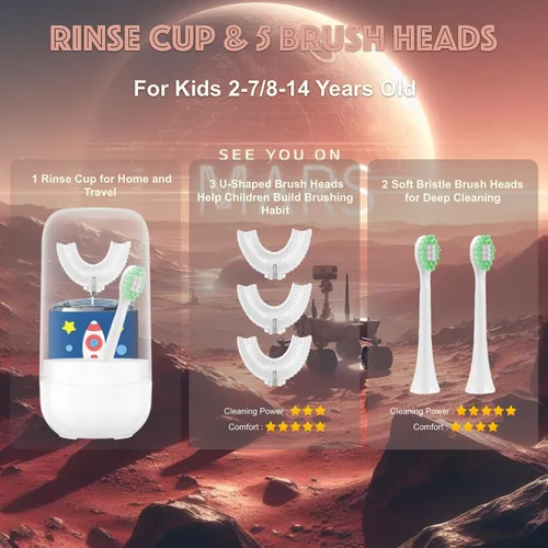 Vista 4 de Cepillo de dientes eléctrico en forma de U para niños, cepillo ultrasónico automático con 5 cabezales de cepillo, taza de enjuague, 6 modos