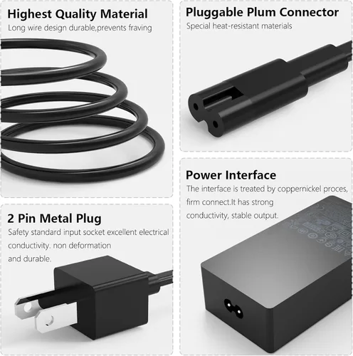 Vista 3 de Cargador Surface Pro de 65 W, 44 W, compatible con Microsoft Surface Pro 11 10 9 8 7+ 7 6 5 4 3 X portátil, cable de alimentación adaptador