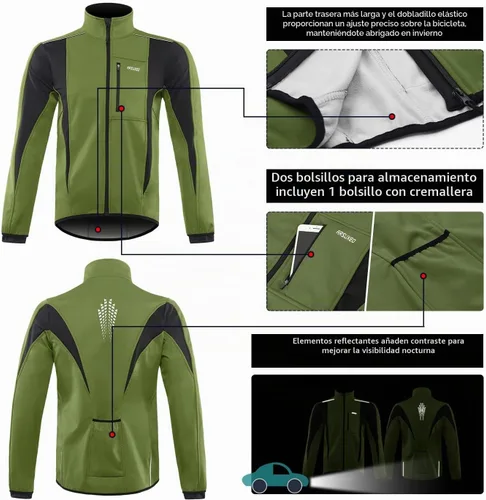 Vista 4 de Chaqueta térmica para ciclismo (tejido Softshell, resistente al viento, impermeable, 15K) de ARSUXEO Verde militar