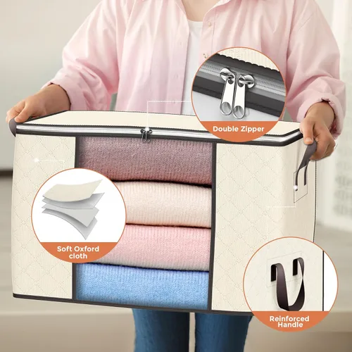 Vista 3 de Bolsas de almacenamiento grandes de 90 L, paquete de 4 contenedores de almacenamiento de ropa plegables, organizadores de armario, contenedores