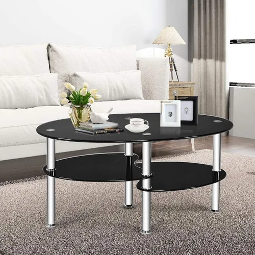 Vista 2 de Moccha - Mesa de centro de cristal, 3 niveles, moderna mesa de té ovalada de vidrio liso con amplio escritorio de vidrio y patas cromadas